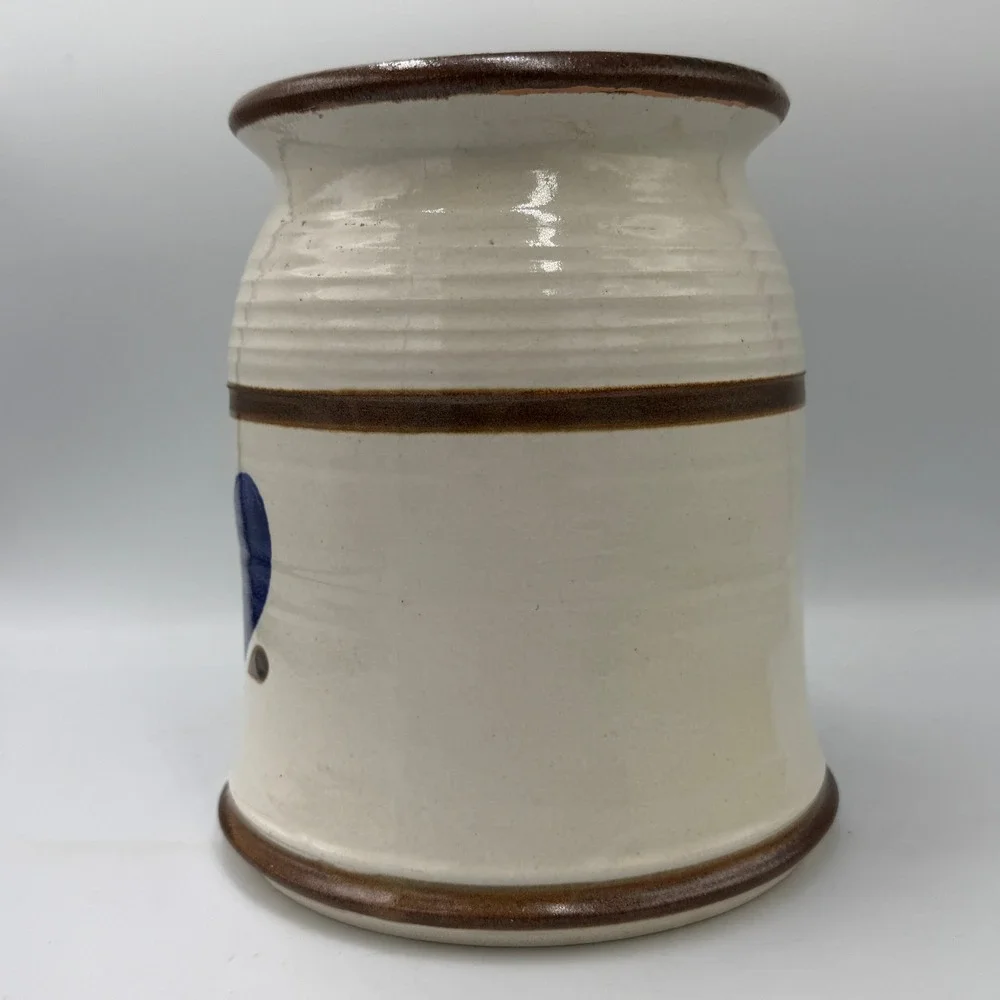 Handmade Stoneware Heart Crock Kitchen Utensil Holder Cream Blue Signed